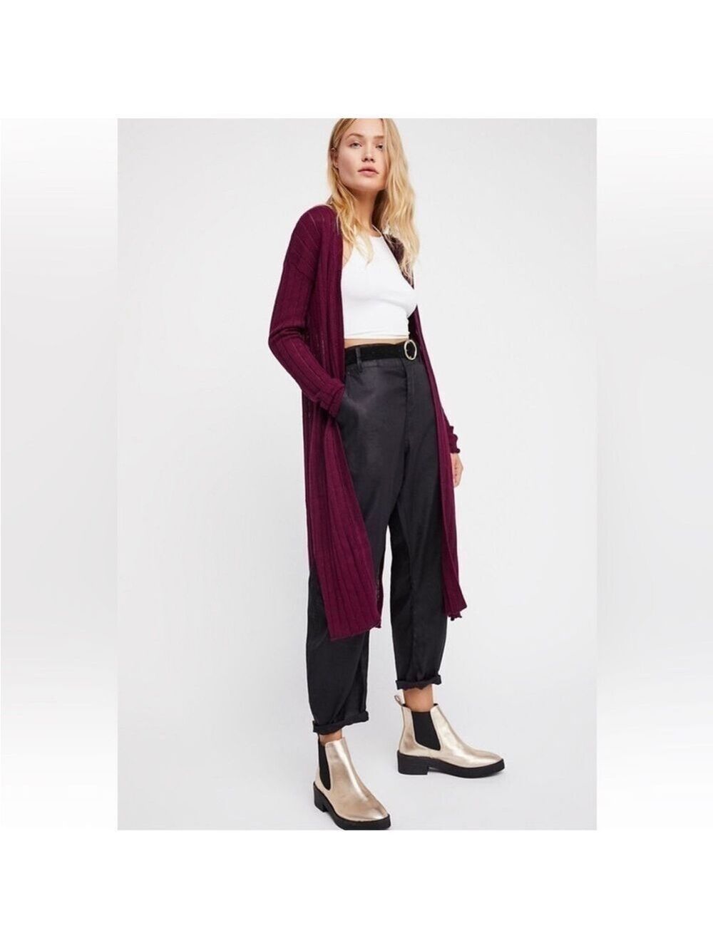 Free People Ribby Rib Open Front Cardigan Duster Linen Blend, size XS